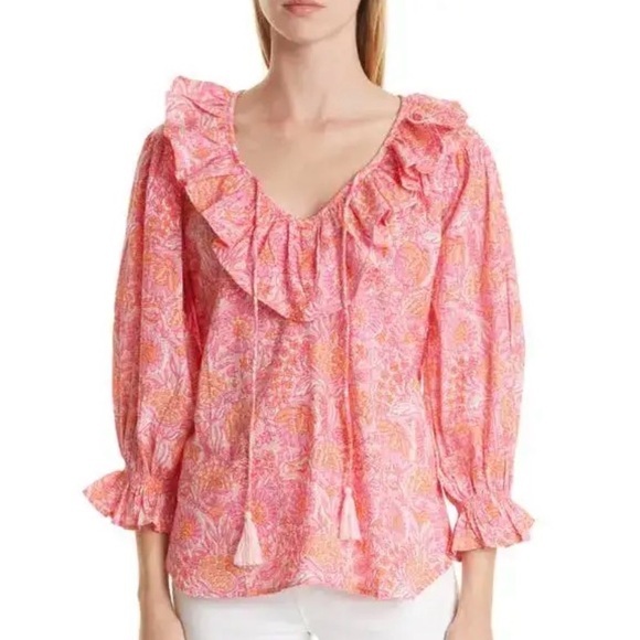 Mille Tops - New Mille Resort & Travel May Ruffle Floral Cotton Blouse - Pink Carnation $168